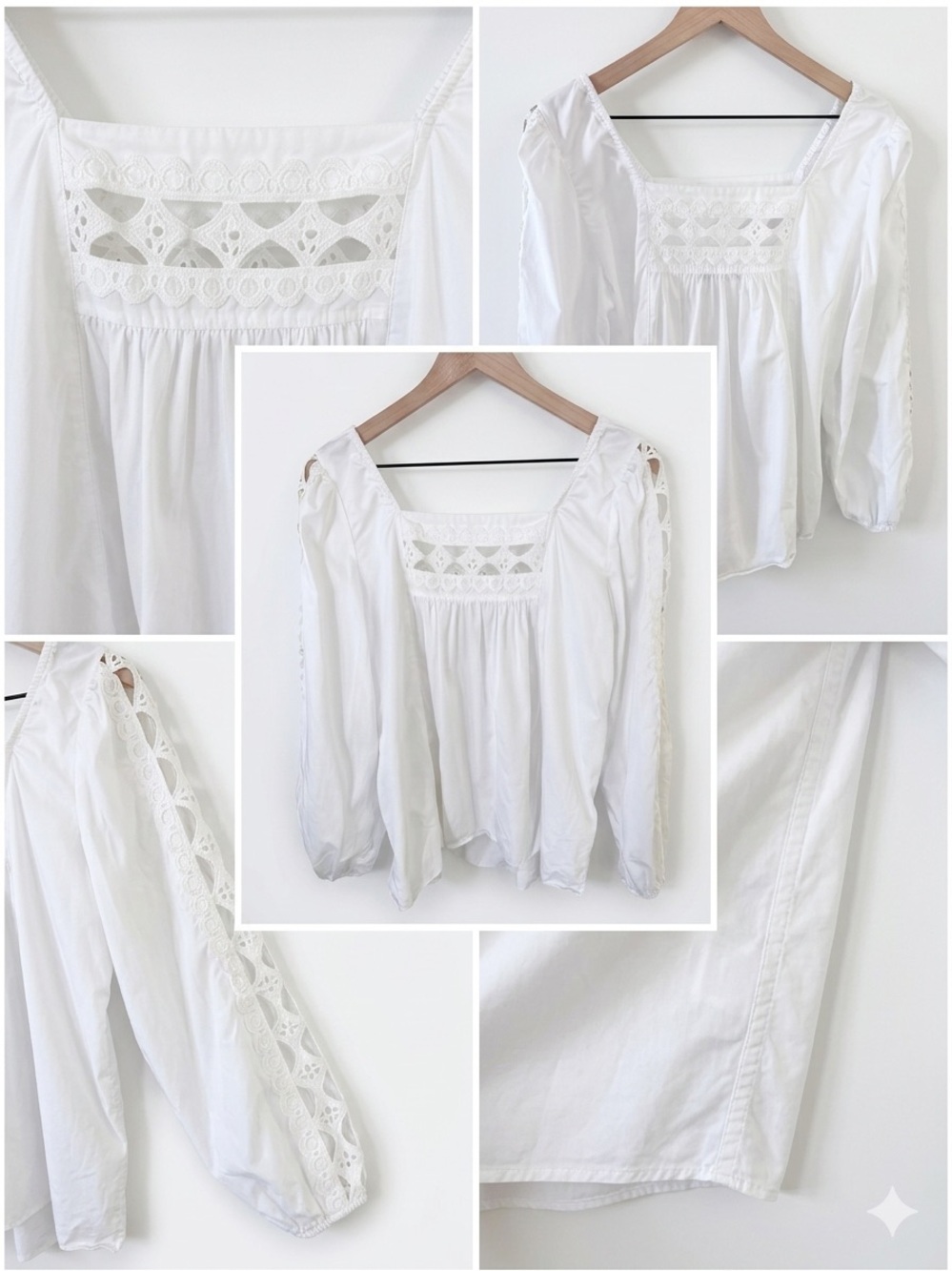 Revolve Devotion Twins White Cotton Lace Cutout Balloon Sleeve Blouse Small
